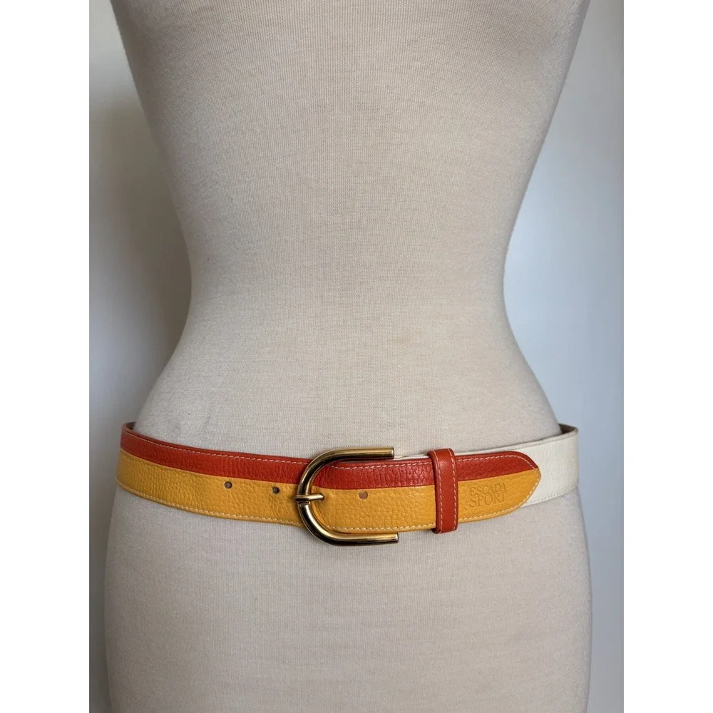 Vintage Rare Escada Sport Gold Buckle leather belt yellow Orange White Italy 44